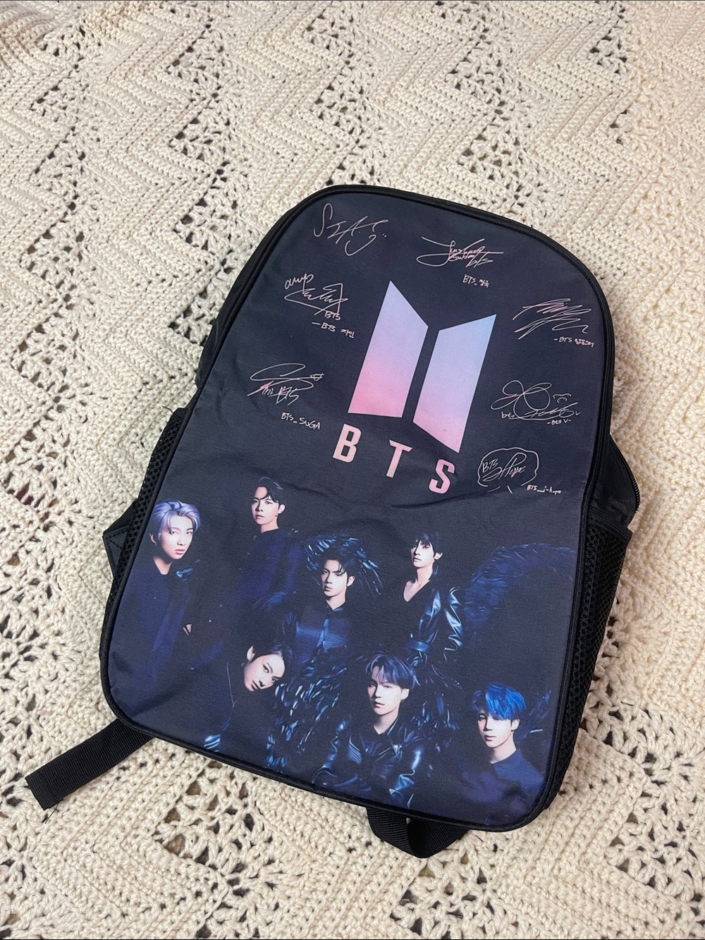 Black BTS KPOP Backpack with Pink and Blue Accents
